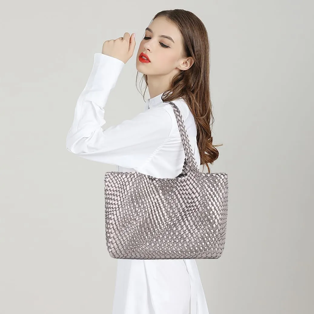 Woven Bag for Women，Vegan Leather Handwoven Tote Bags with Purse Shopper Bag Large Shoulder bag