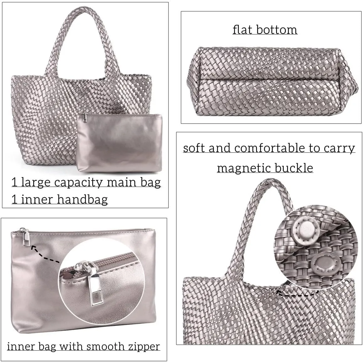 Woven Bag for Women，Vegan Leather Handwoven Tote Bags with Purse Shopper Bag Large Shoulder bag