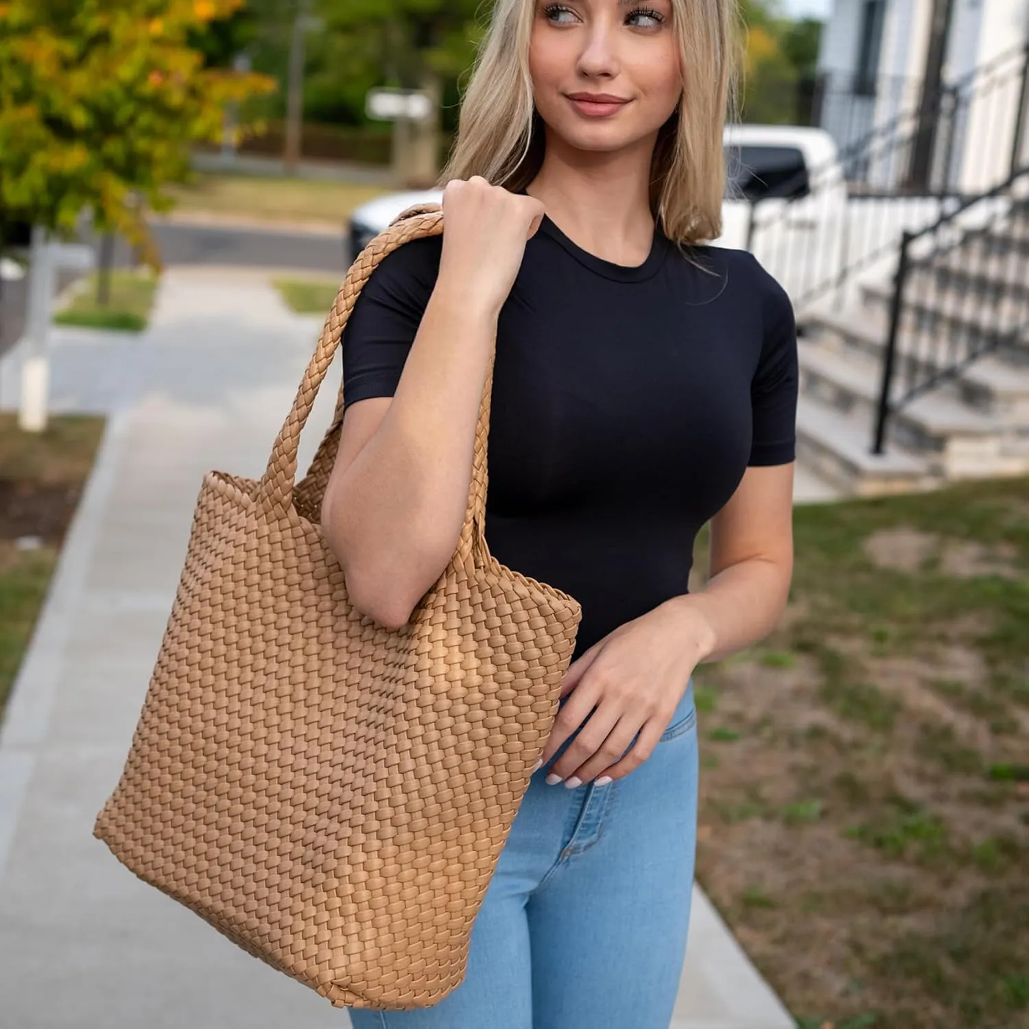 Woven Tote Bag for Women, Fashion Woven Bags for Women Vegan Leather Shoulder Handbags Large Summer Beach Travel Bag