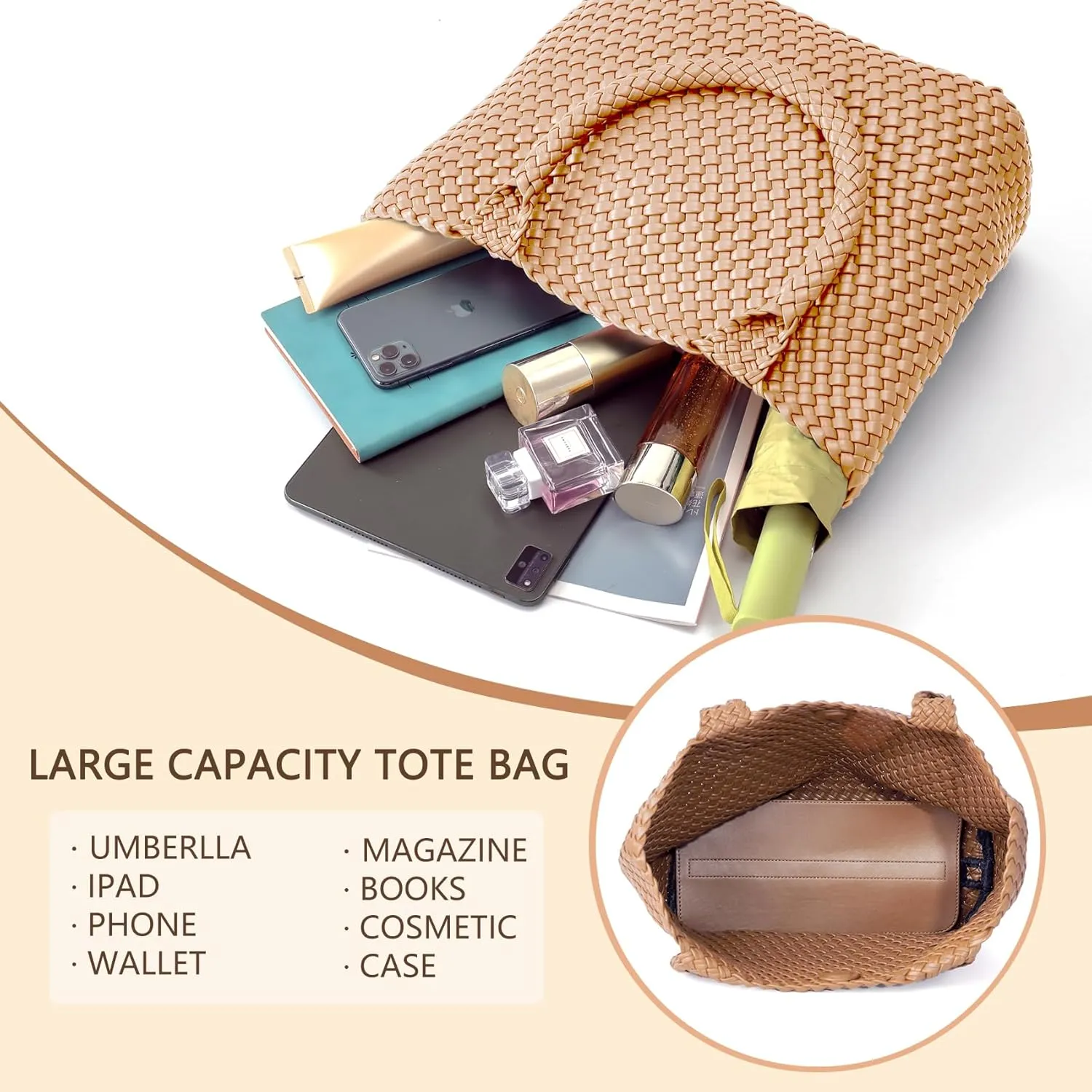 Woven Tote Bag for Women, Fashion Woven Bags for Women Vegan Leather Shoulder Handbags Large Summer Beach Travel Bag