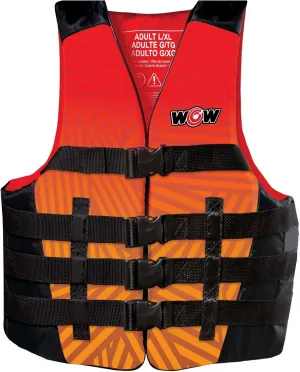 WOW Sports VIS-Wave Red Nylon Adult Life Jacket for Swimming Pools, Fishing, Lakes, & Oceans, Personal Flotation Device (PFD)