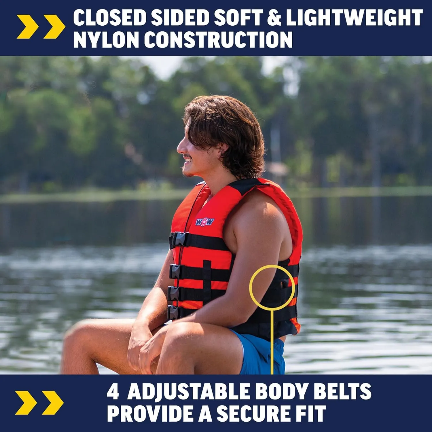 WOW Sports VIS-Wave Red Nylon Adult Life Jacket for Swimming Pools, Fishing, Lakes, & Oceans, Personal Flotation Device (PFD)