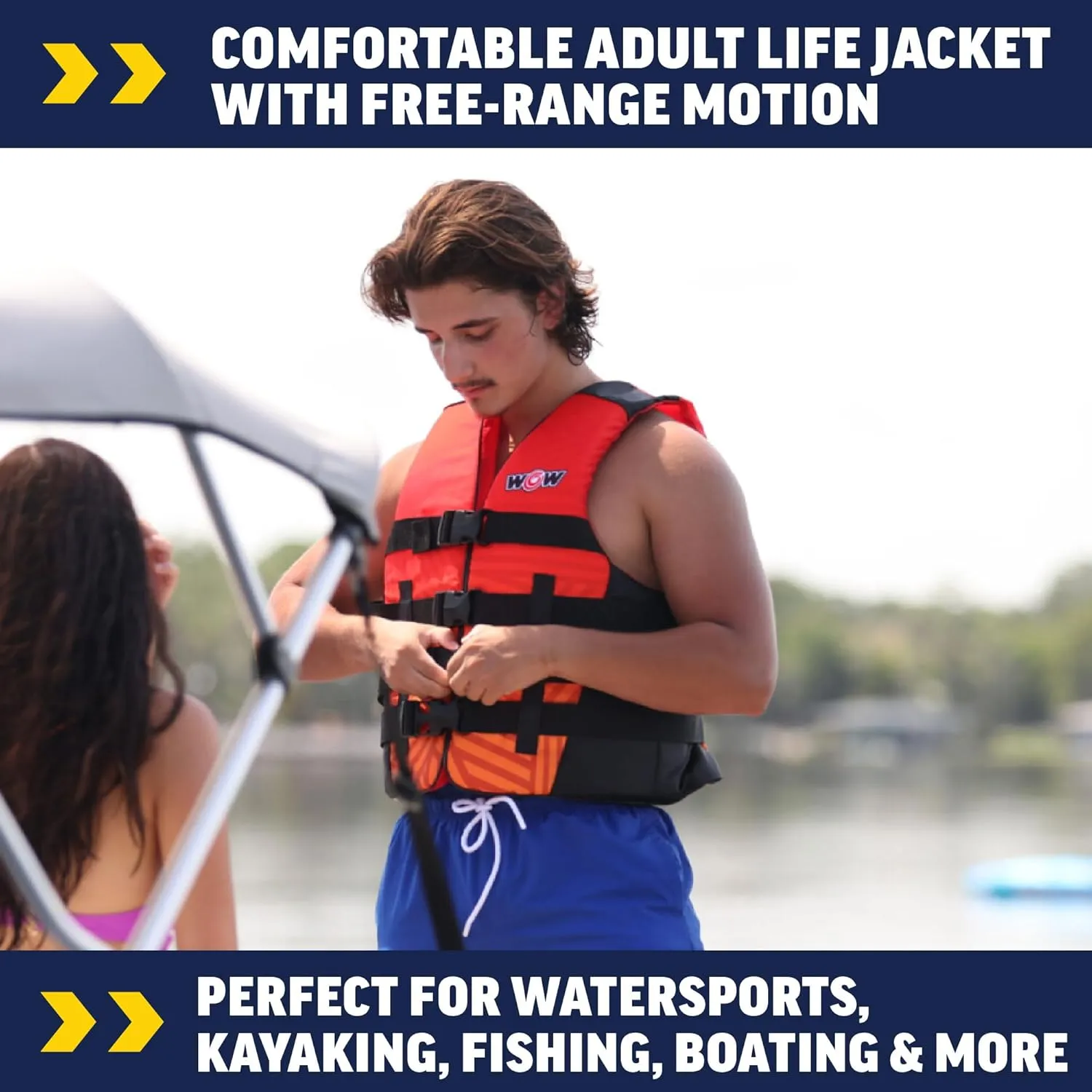 WOW Sports VIS-Wave Red Nylon Adult Life Jacket for Swimming Pools, Fishing, Lakes, & Oceans, Personal Flotation Device (PFD)
