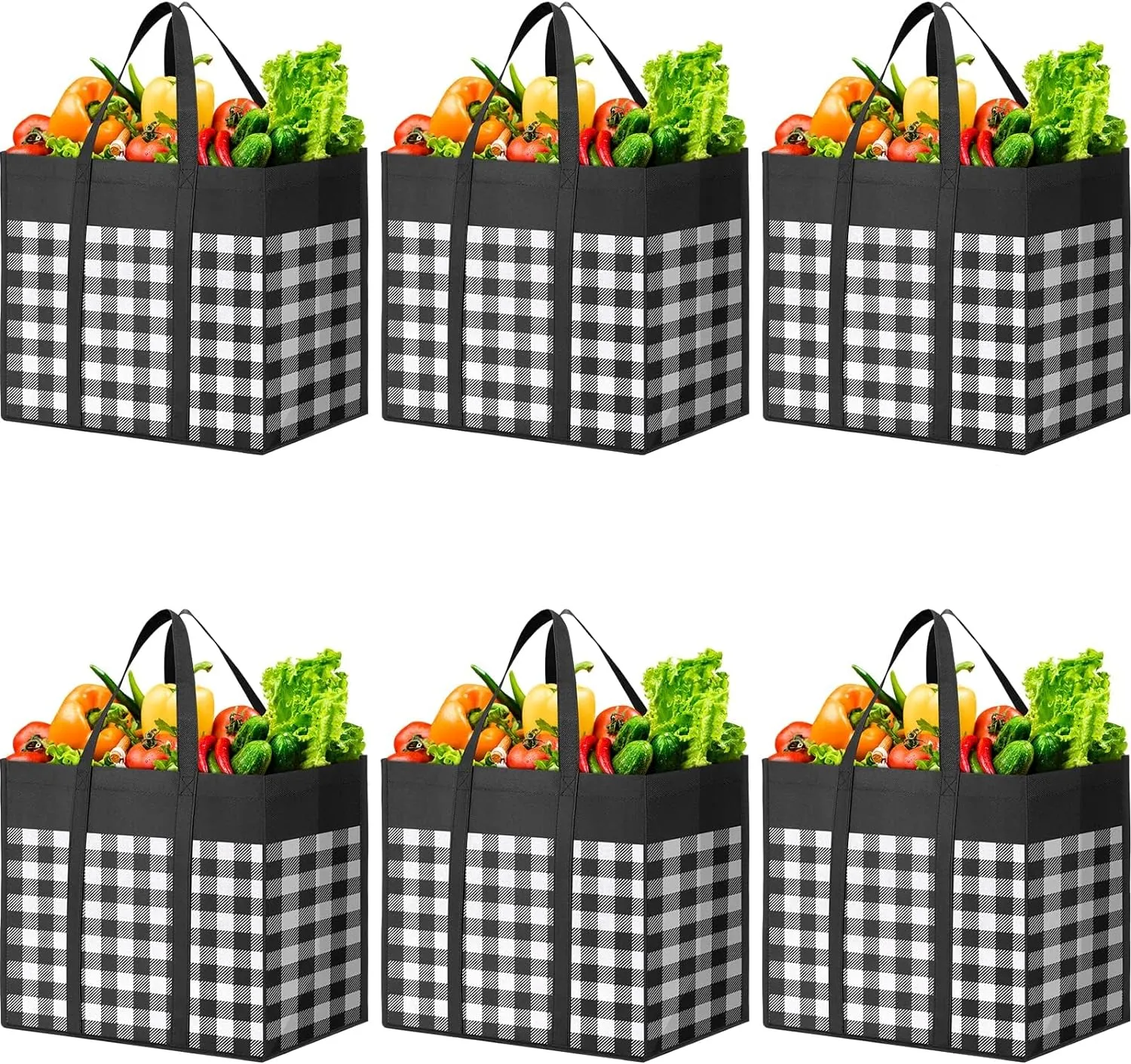 WOWBOX Reusable Grocery Bags,6-Pack, Foldable Reusable Shopping Tote Bags bulk with Reinforced Handles,Large Storage Bags with Water Resistant Coating for Groceries,Multipurpose,Black-White