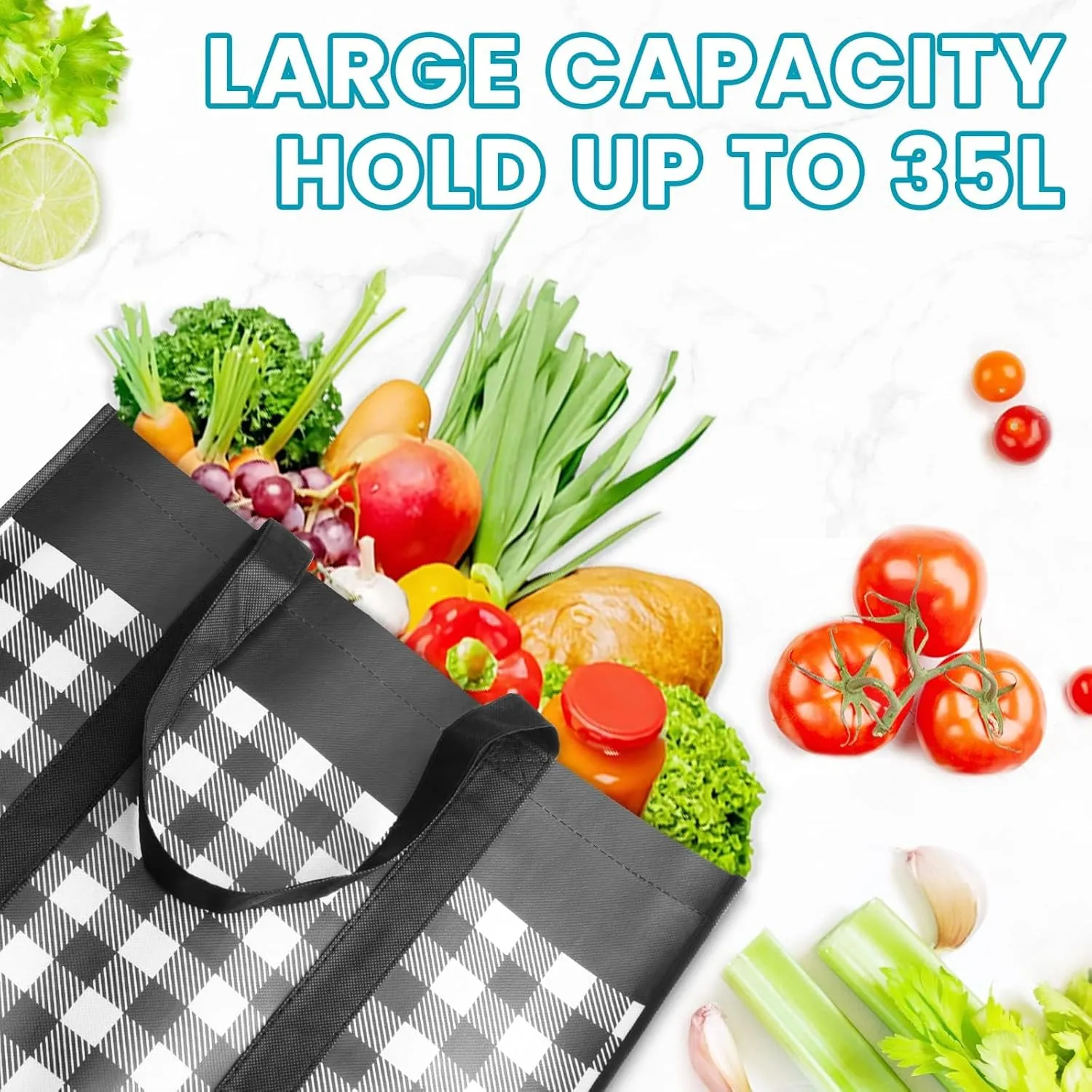 WOWBOX Reusable Grocery Bags,6-Pack, Foldable Reusable Shopping Tote Bags bulk with Reinforced Handles,Large Storage Bags with Water Resistant Coating for Groceries,Multipurpose,Black-White