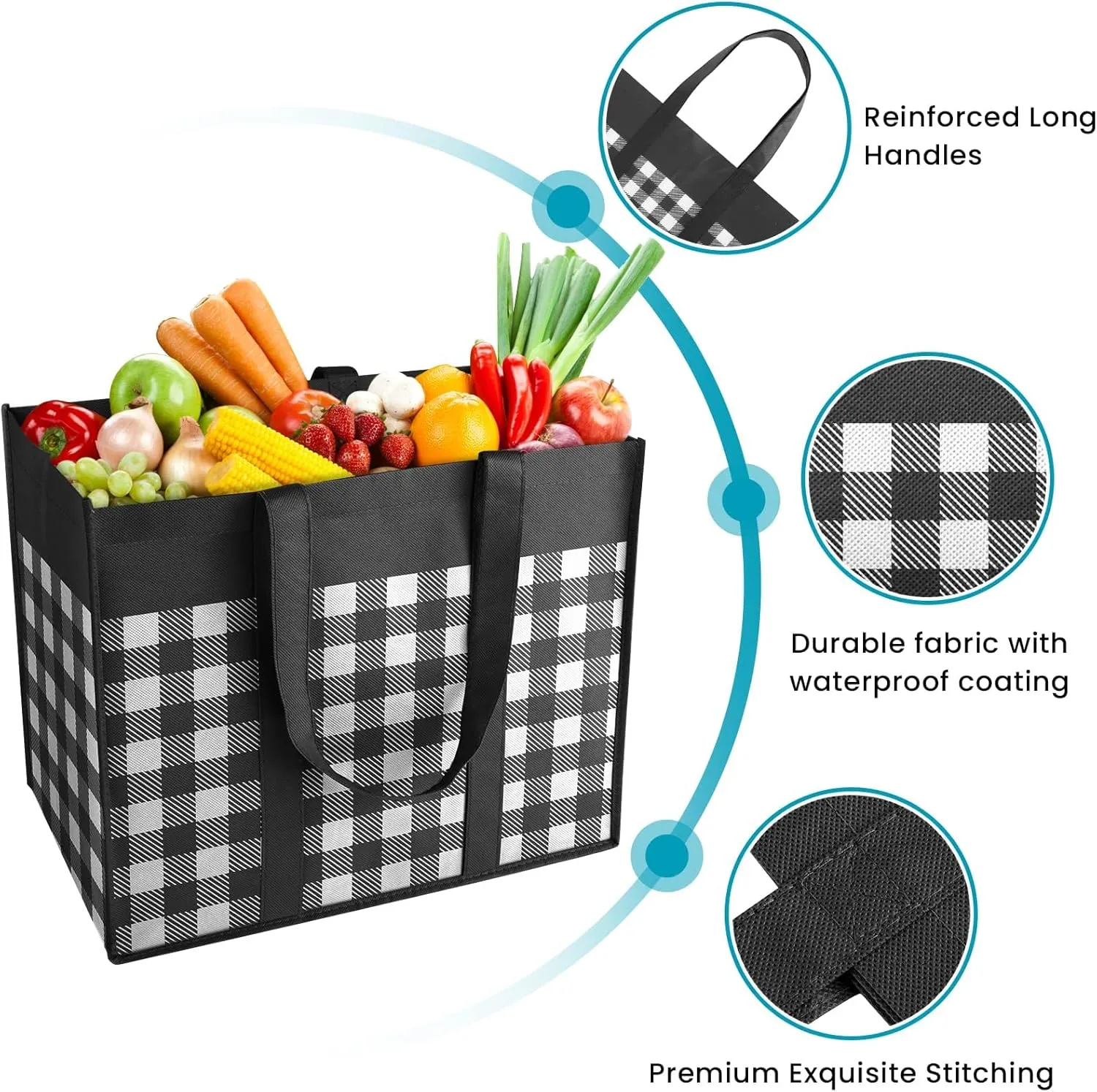 WOWBOX Reusable Grocery Bags,6-Pack, Foldable Reusable Shopping Tote Bags bulk with Reinforced Handles,Large Storage Bags with Water Resistant Coating for Groceries,Multipurpose,Black-White