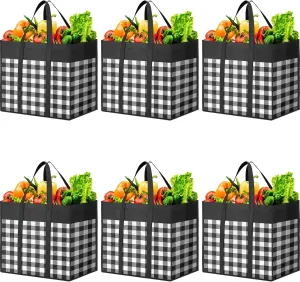 WOWBOX Reusable Grocery Bags,6-Pack, Foldable Reusable Shopping Tote Bags bulk with Reinforced Handles,Large Storage Bags with Water Resistant Coating for Groceries,Multipurpose,Black-White