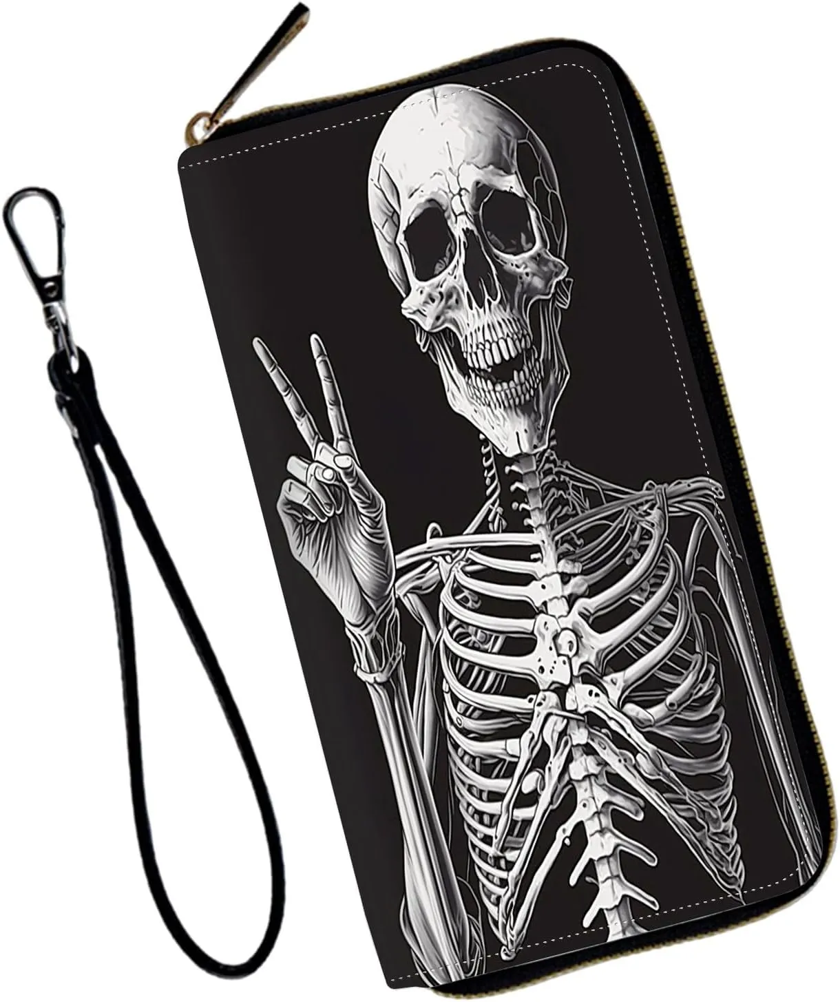 Wristlet Wallet for Women Teen Girls RFID Blocking Credit Card Holder with Removable Wristlet, Leather Phone Wallet Clutch Large Capacity Ladies Travel Purse-Rock Skeleton
