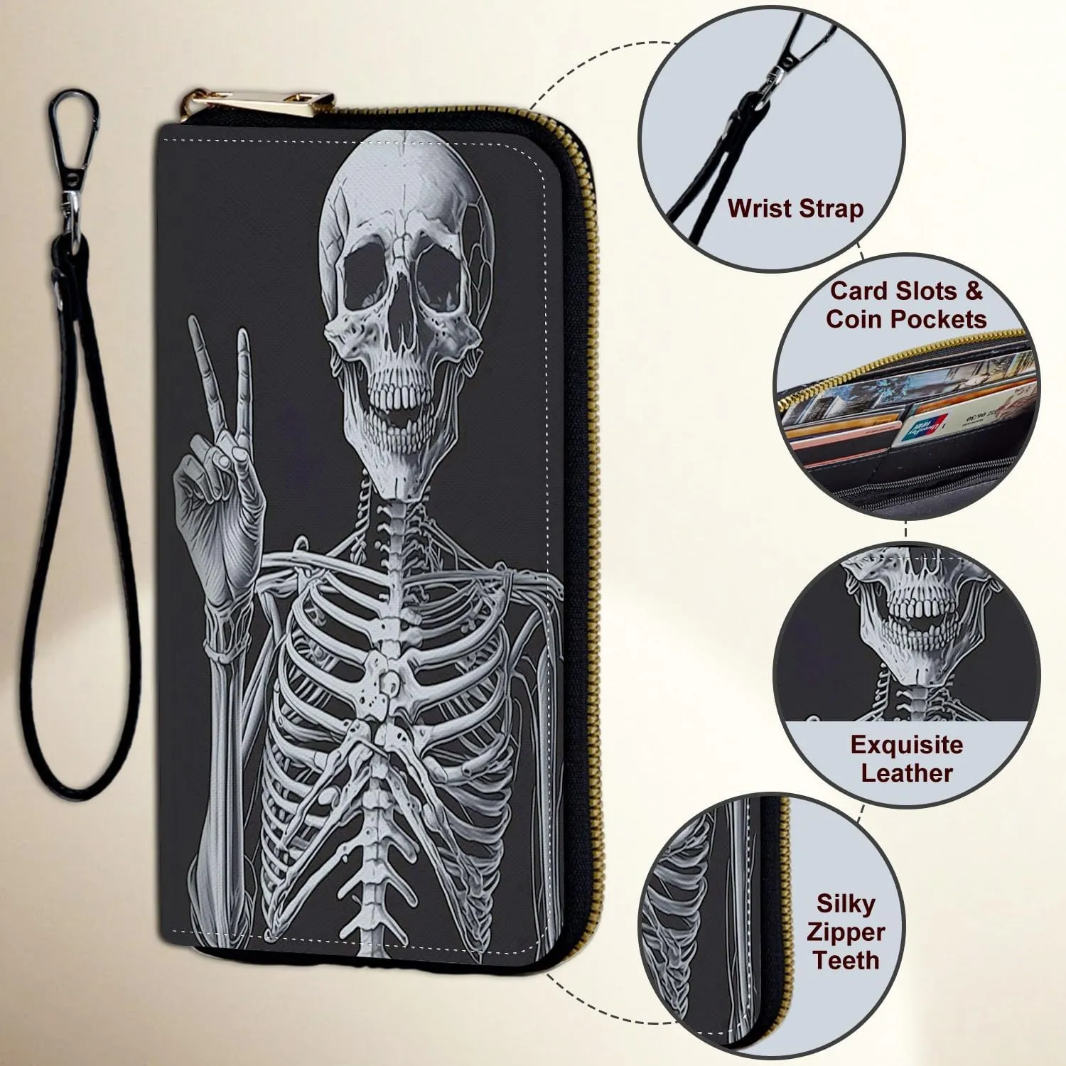 Wristlet Wallet for Women Teen Girls RFID Blocking Credit Card Holder with Removable Wristlet, Leather Phone Wallet Clutch Large Capacity Ladies Travel Purse-Rock Skeleton