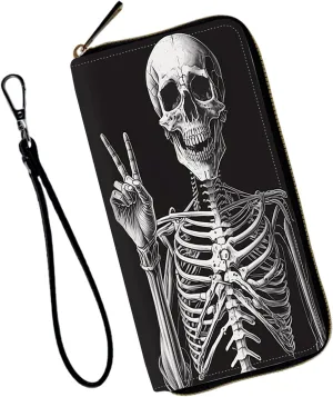 Wristlet Wallet for Women Teen Girls RFID Blocking Credit Card Holder with Removable Wristlet, Leather Phone Wallet Clutch Large Capacity Ladies Travel Purse-Rock Skeleton