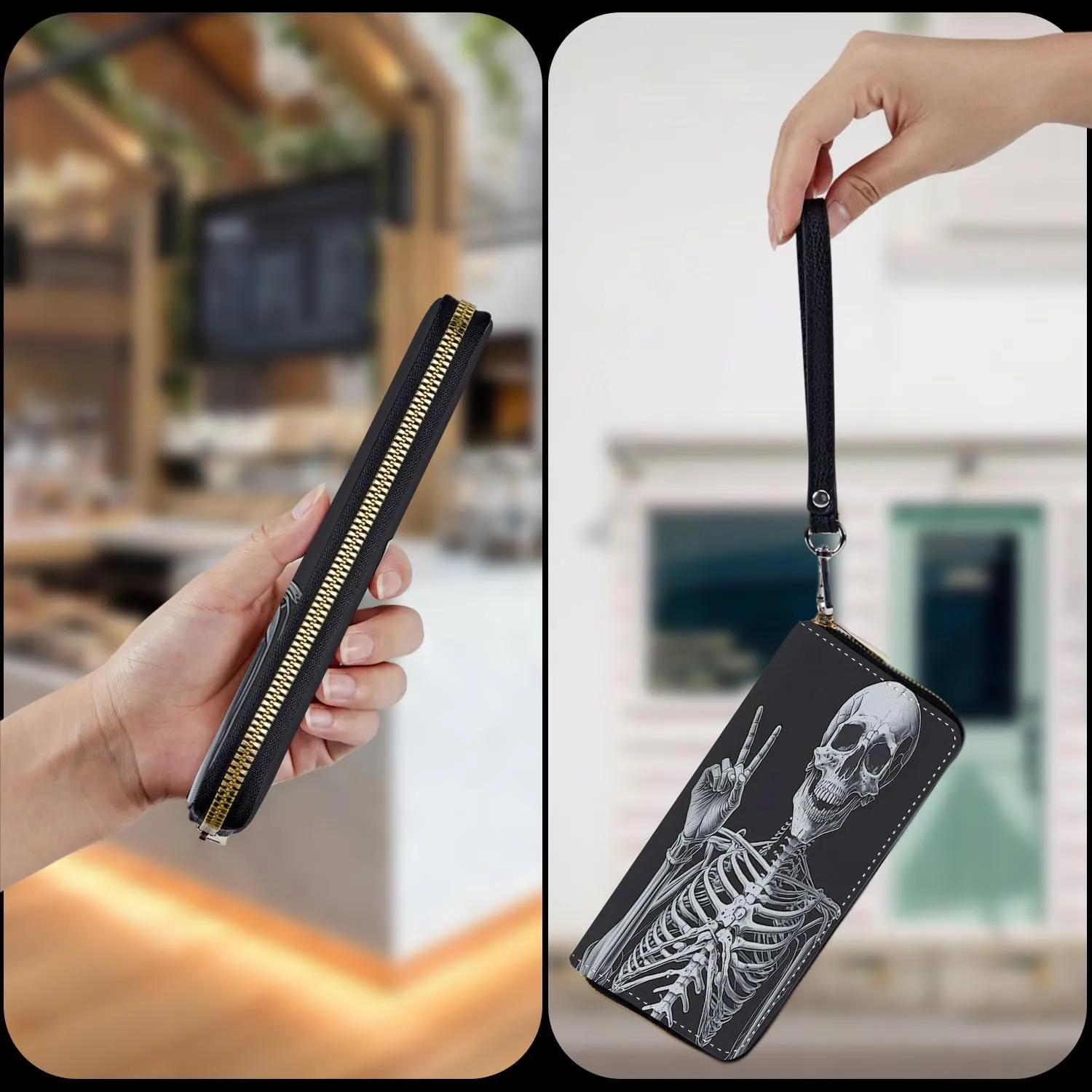 Wristlet Wallet for Women Teen Girls RFID Blocking Credit Card Holder with Removable Wristlet, Leather Phone Wallet Clutch Large Capacity Ladies Travel Purse-Rock Skeleton