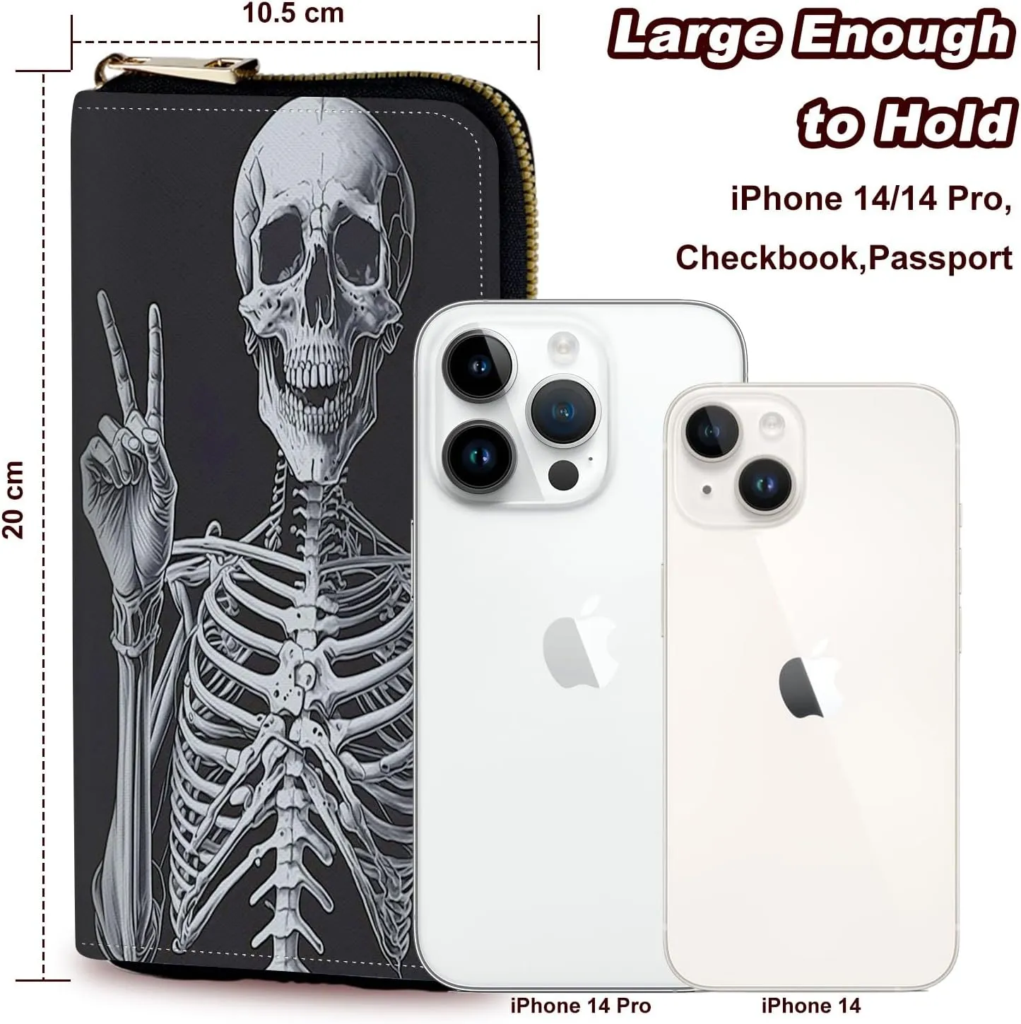 Wristlet Wallet for Women Teen Girls RFID Blocking Credit Card Holder with Removable Wristlet, Leather Phone Wallet Clutch Large Capacity Ladies Travel Purse-Rock Skeleton