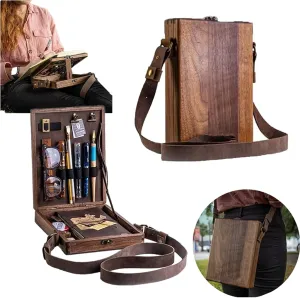Writers Messenger Wood Box, Multifunctional Wooden Handmade Crossbody Postman Bag Portable Artist Tool Bag Painting Brush Tool Storage Sketch Box Easel for Outdoor Painting (Brown)…
