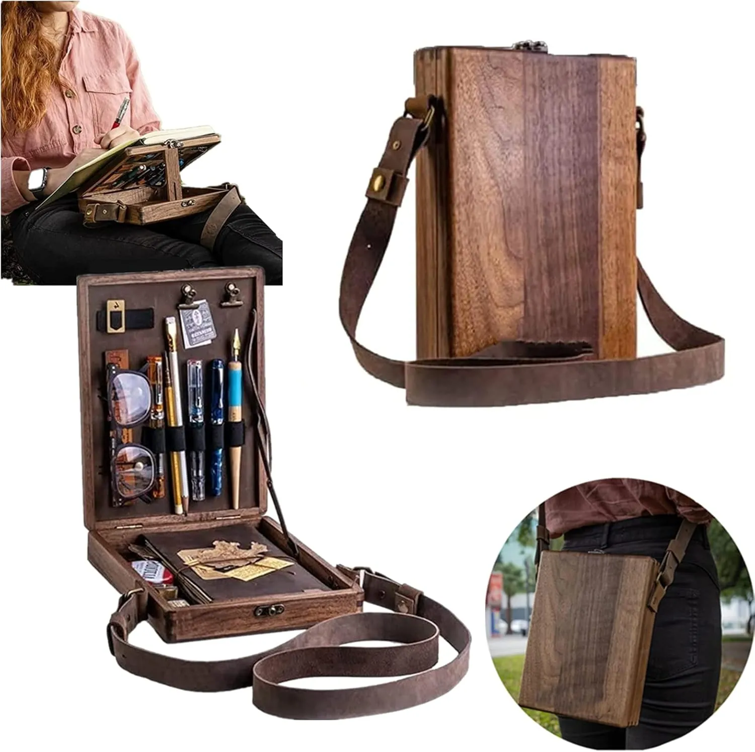 Writers Messenger Wood Box, Multifunctional Wooden Handmade Crossbody Postman Bag Portable Artist Tool Bag Painting Brush Tool Storage Sketch Box Easel for Outdoor Painting (Brown)…