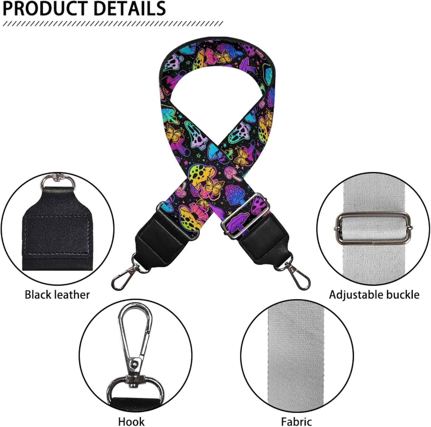 Xhuibop Galaxy Mushroom Wide Purse Strap Rainbow Adjustable Strap for Handbag Replacement Crossbody Shoulder Bag for Women Messenger Shoulder Strap with Sliver Clips