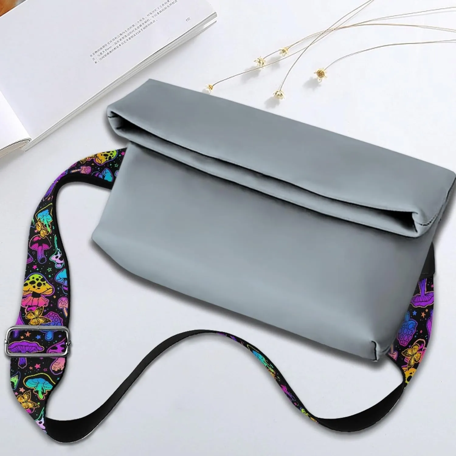 Xhuibop Galaxy Mushroom Wide Purse Strap Rainbow Adjustable Strap for Handbag Replacement Crossbody Shoulder Bag for Women Messenger Shoulder Strap with Sliver Clips