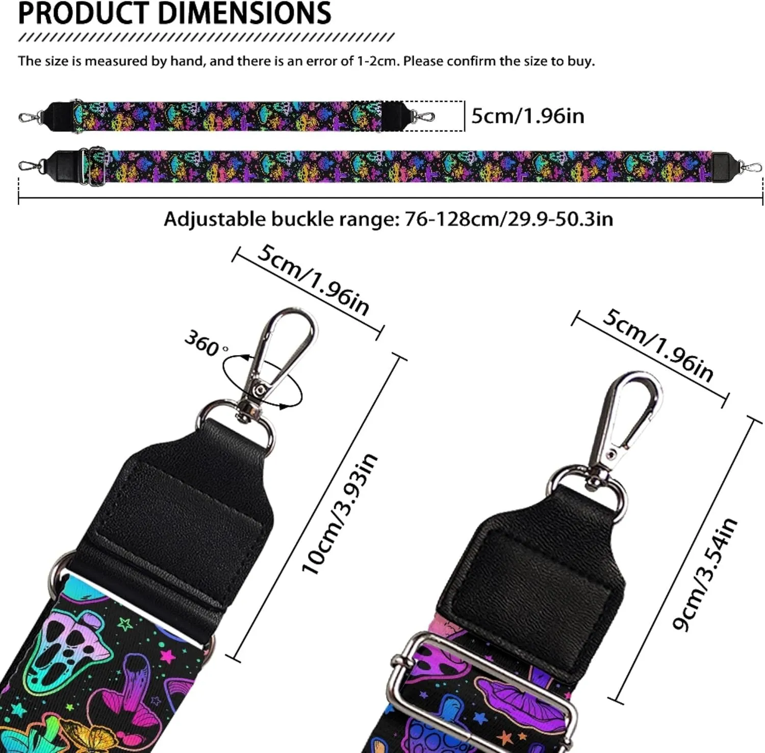 Xhuibop Galaxy Mushroom Wide Purse Strap Rainbow Adjustable Strap for Handbag Replacement Crossbody Shoulder Bag for Women Messenger Shoulder Strap with Sliver Clips