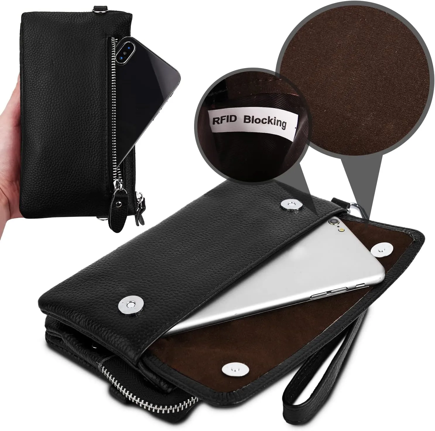 YALUXE Real Leather Wristlet Clutch Handbag Crossbody Bag Cellphone Purse RFID Blocking