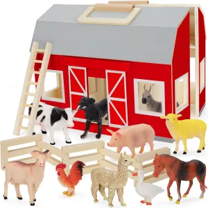 YEEBAY Farm Animals Toys for 3  Year Old Kids Toddlers Girls Boys, Large Wooden Barn with Animal Play Figures, Farm Playset Educational Learning Toys, Ideal Christmas Birthday Gifts