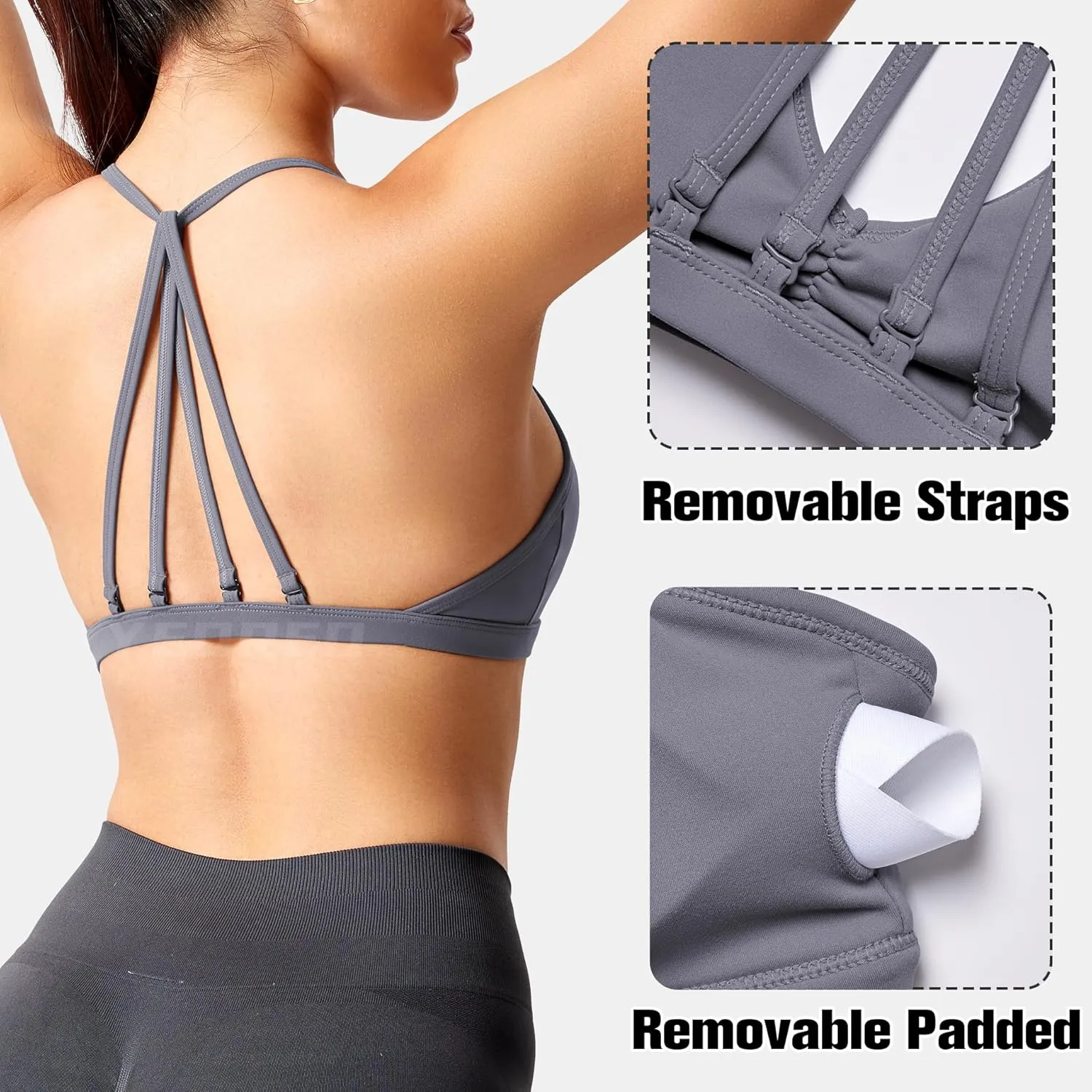 YEOREO Workout Sports Bras for Women Padded Strappy Open Back Gym Bra Light Impact Criss Cross Yoga Crop Top