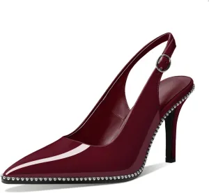 Zamikoo Women Beaded Pumps High Heel Slingback Pointed Toe Slip On 3.5 Inch Stilettos Ankle Strap Adjustable Buckle Patent Leather US Size 5 -Size 13