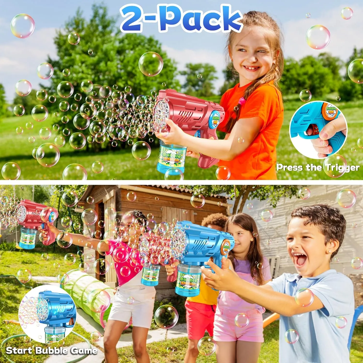 Zerhunt Bubble Gun Machine for Kids 4-8: Automatic 10-Hole Bubble Guns with Rich Bubbles & LED Light - Summer Outdoor Bubble Gun Blaster Toys - 2PCS Bubble Blower