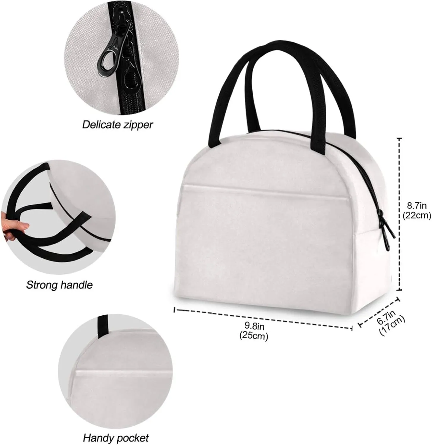 ZZKKO White Lunch Bag Box Tote Organizer Lunch Container Insulated Zipper Meal Prep Cooler Handbag For Women Men Home School Office Outdoor Use
